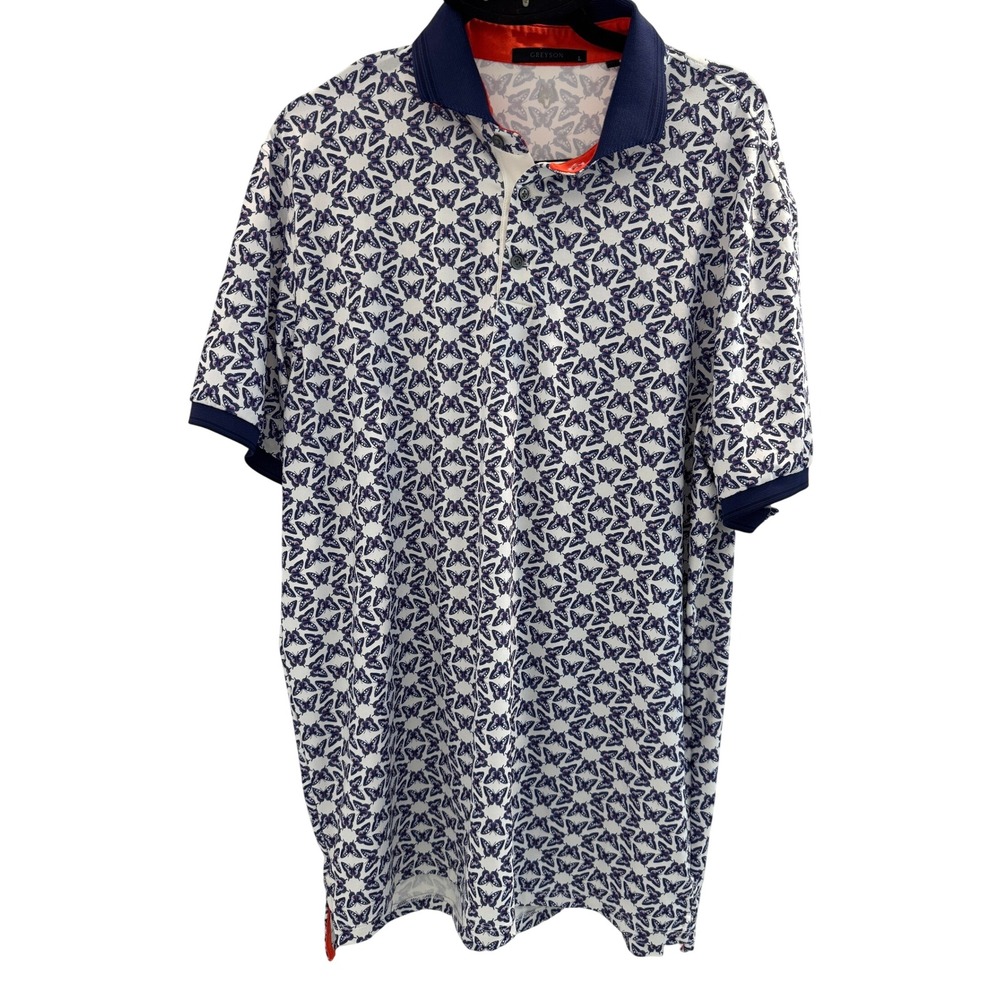 Greyson Polo Shirt Large Blue Orange Butterfly Print Short Sleeve Golf Sporty